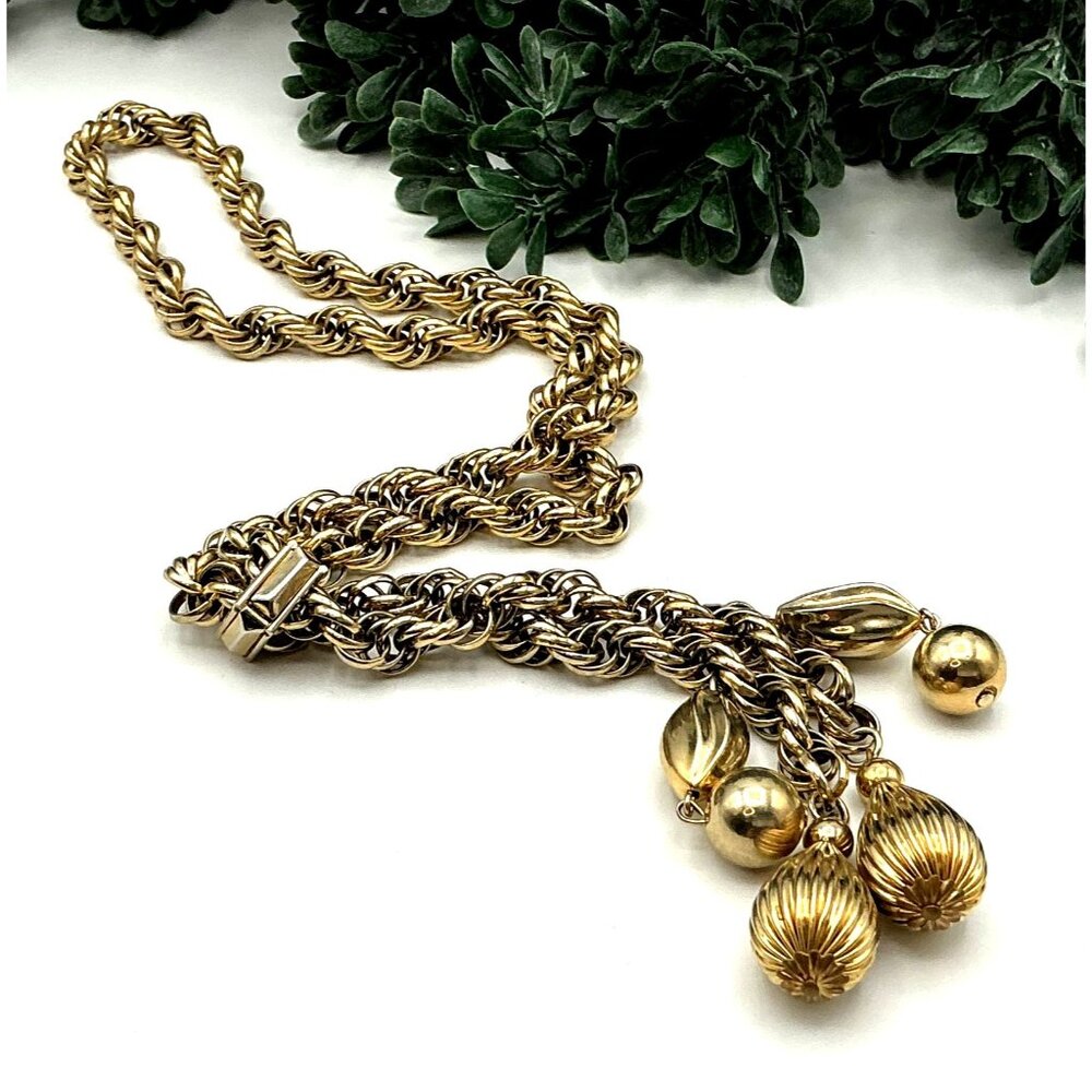 Vintage Gold-Tone Twisted Rope Chain Necklace With Dangling Bead